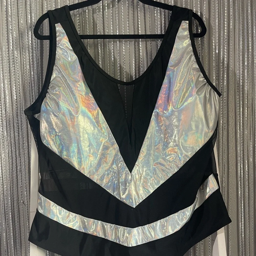 Black One-Piece Swimsuit with Iridescent Silver Panels